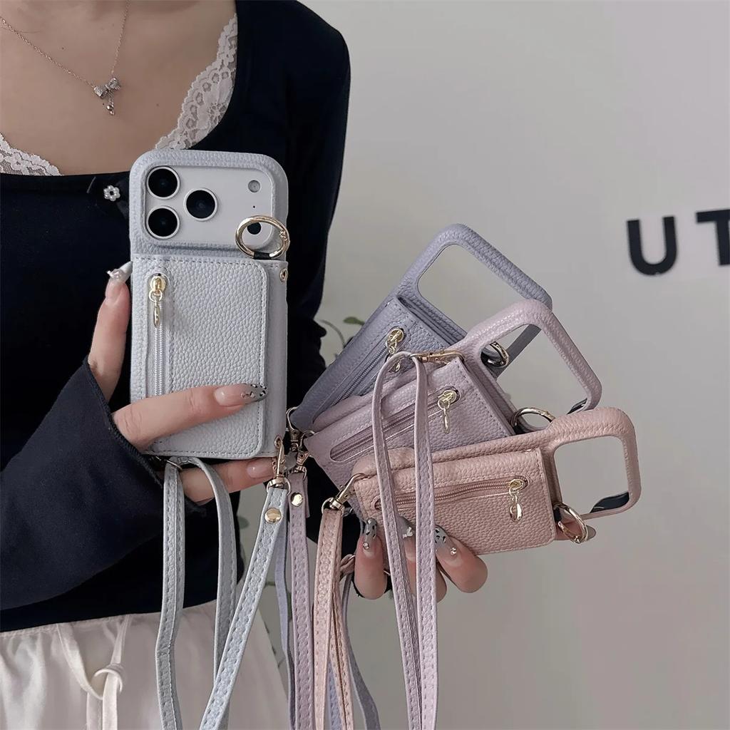 Crossbody Zipper Wallet with Card Holder Phone Case for IPhone Air 17 14 11 Pro Max 13 12 16 15 Plus Ring Stand Leather Cover