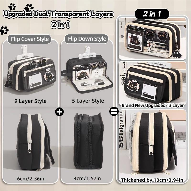 13 Layers Large Capacity Black Cat Pencil Case Clear Window Stationery Bag Cute School Birthday Gift