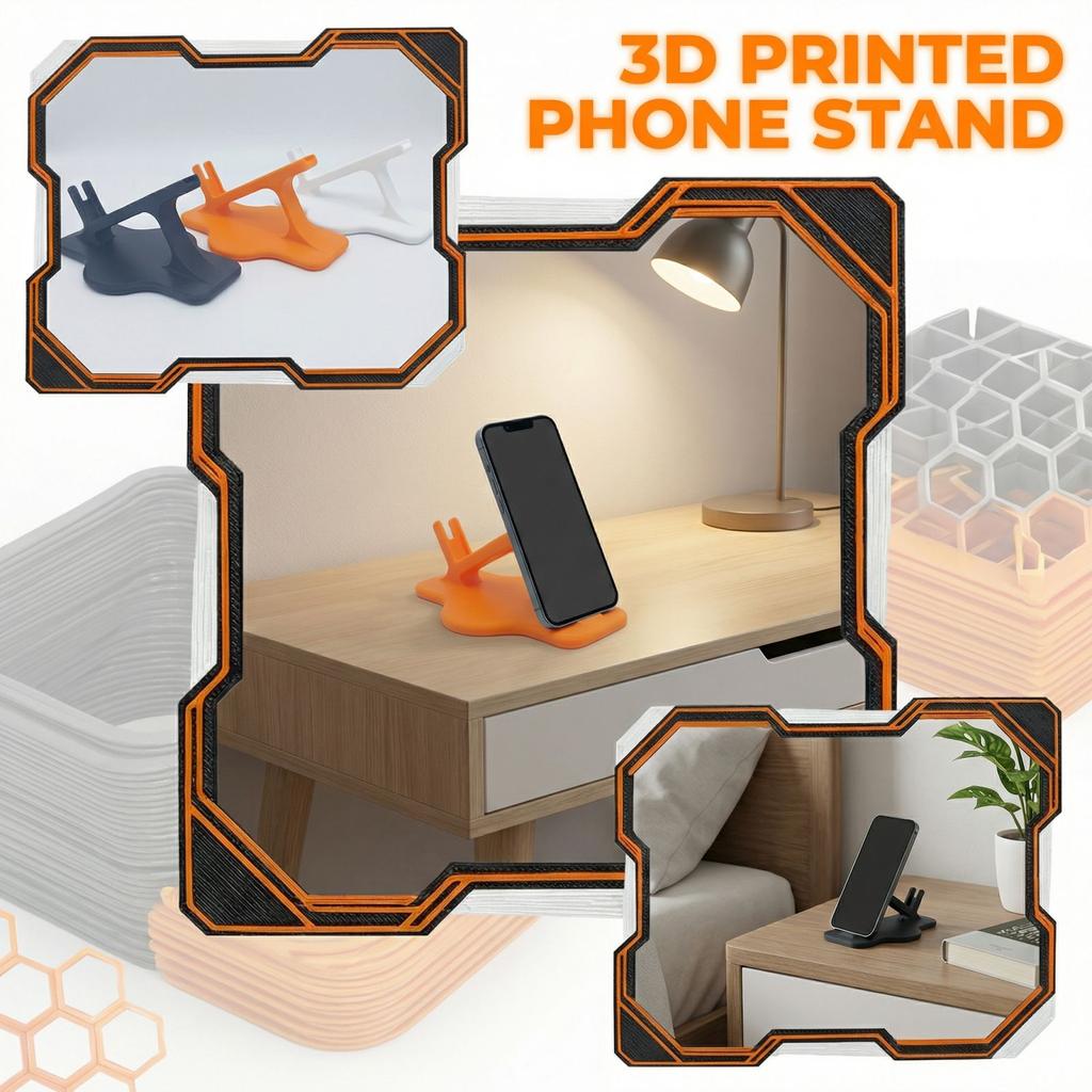 3D Printed Phone Stand Holder Adjustable Angle Desktop Mobile Device Support Compatible with Various Smartphones and Tablets