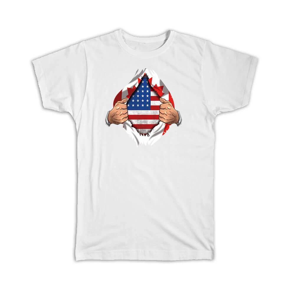 Gift T-Shirt : United States Canadian Flag Chest American L