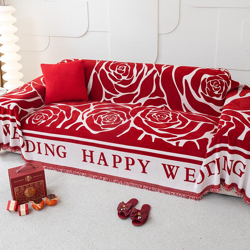 Wedding Decoration Red Sofa Towel Cover Blanket Living Room Universal Multifunctional Non Slip Skin Friendly Chenille Romantic