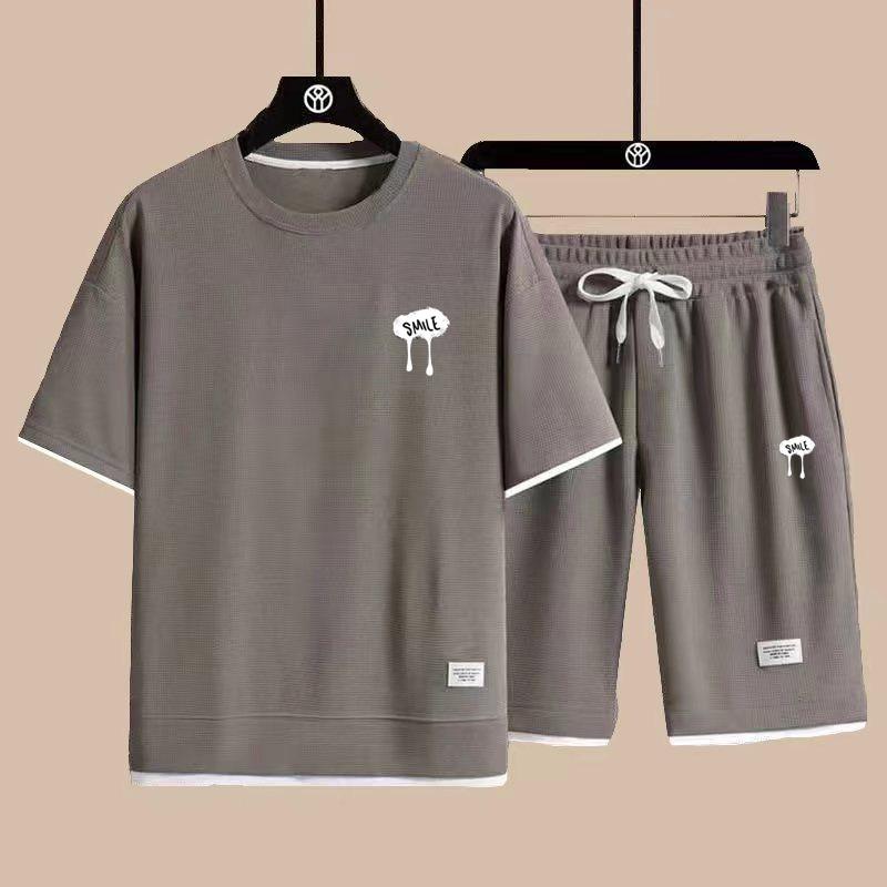 Waffle Mens Set Summer T-Shirt Shorts Tracksuit Mens Streetwear Short Sleeve 2 Pieces Set Casual Men Sports Suit Clothing