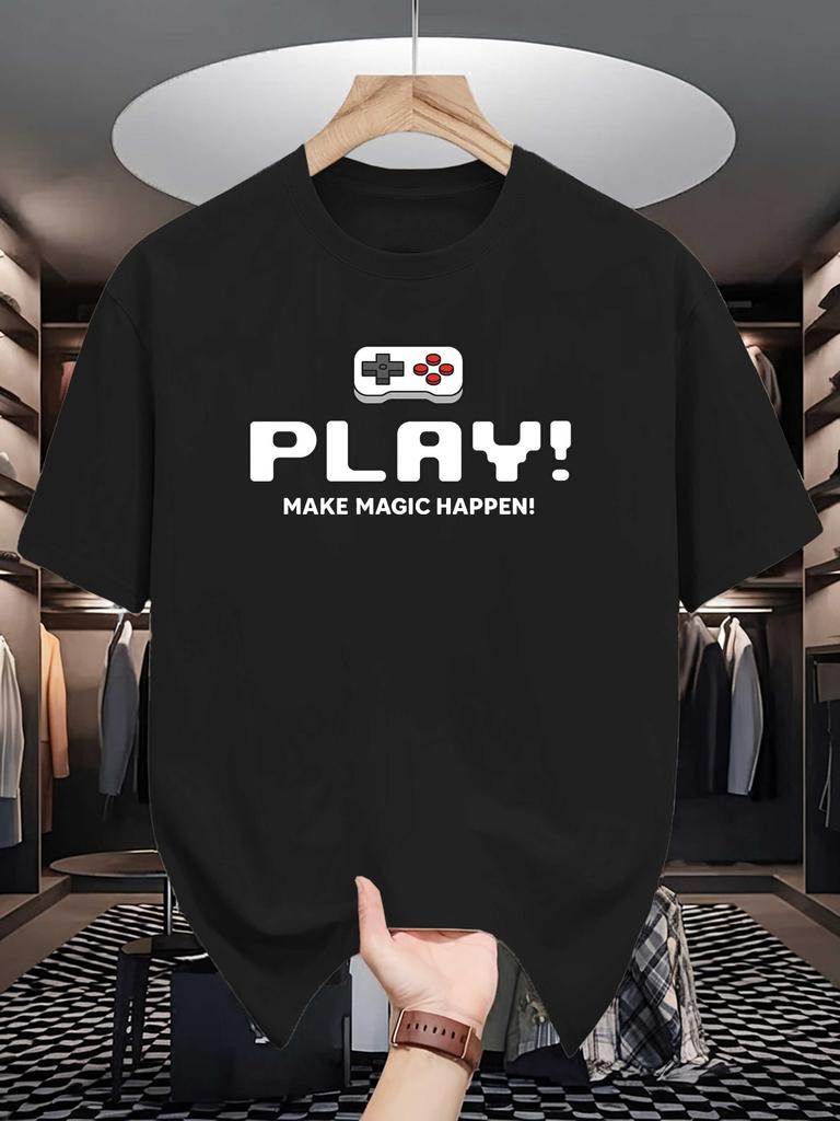 Game Controller Play Text Graphic Unisexs Crew Neck T Shirt Classic Gaming Quote Print Short Sleeve Casual Cotton Daily Summer Tops