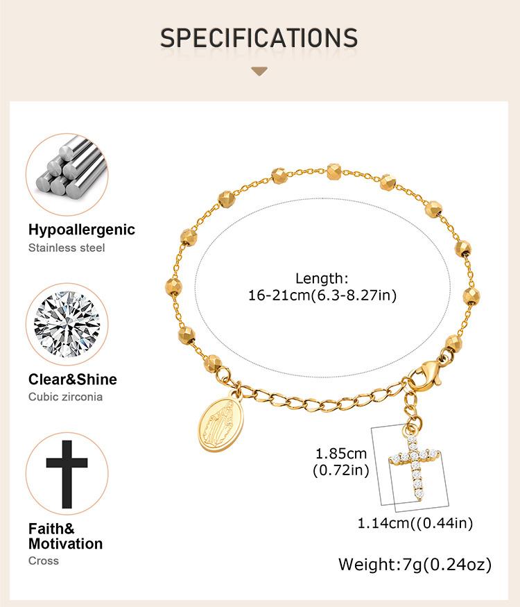 Stainless Steel Virgin Mary Rosary Bead Bracelet For Women, Charms Cross Dangle Adjustable Link, Religious Jewelry Gift