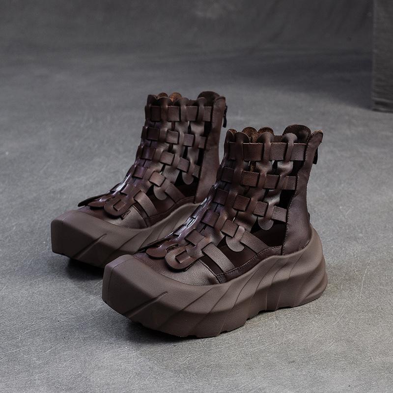 

Johnature Hand Woven Hollow-out Летние ботинки из натуральной кожи в стиле ретро с дышащей отделкой Удобные женские туфли на толстой подошве 39 кофейный