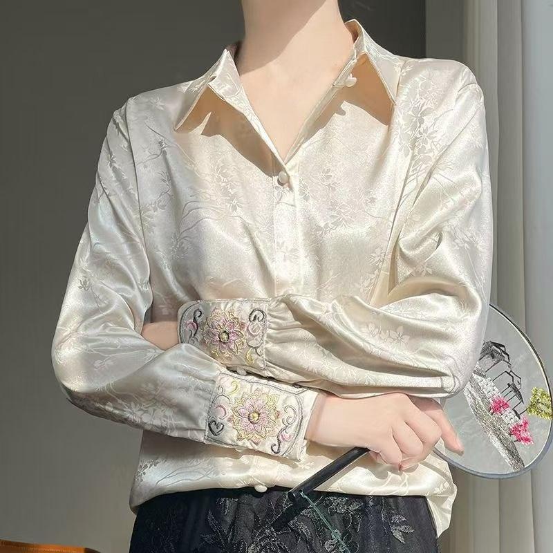 Women's New Jacquard Satin Shirt Lady's Long Sleeved Single Breasted Blouses Turn-down Collar Thin Fashion Versatile Top