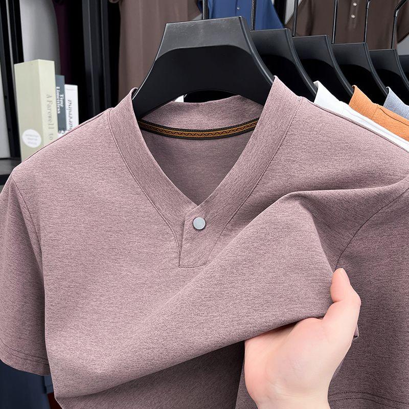 

Мужская футболка с коротким рукавом на одной пуговице, новый летний стиль, для среднего возраста, с V-образным вырезом, свободная, с рукавом до локтя L розовый