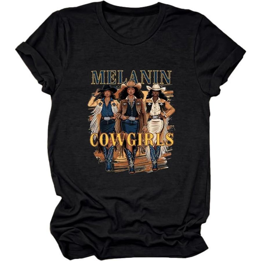 Semisun Women’s Melanin Cowgirl Shirt Western Riding Retro T-Shirt Cool Girl Graphic Tees Funny Casual Texas Vacation Top S