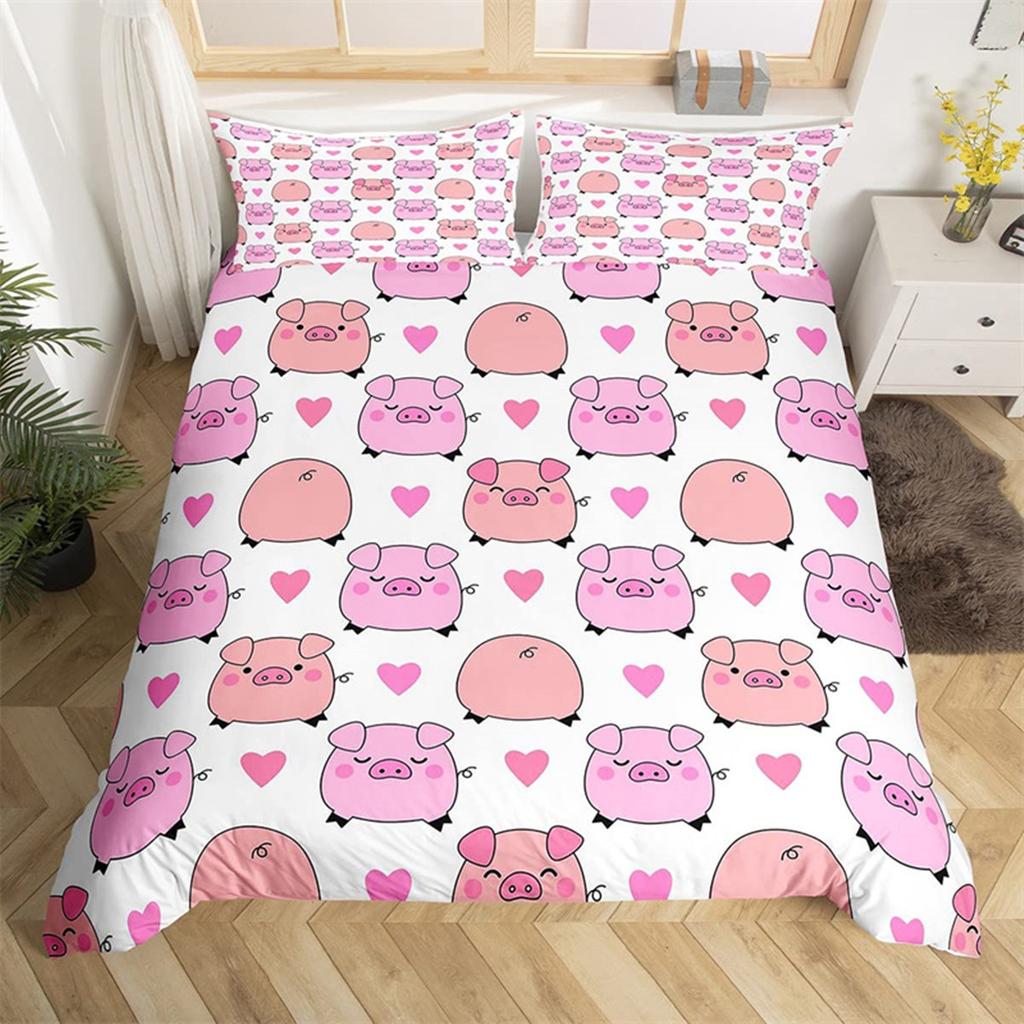 Cartoon Cute Pink Pig Duvet Cover for Children Boys Girls Microfiber Pigs Floral Cartoon Farm Animals Theme Bedroom Decorations