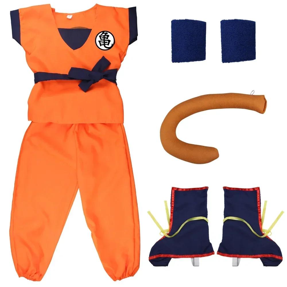Halloween Volwassenen Kinderen Son Goku Cosplay Kostuums Pakken Krillin Outfits Anime Feest Kind Kostuums Staart Polsband Super Saiyan Pruik Kids S(100cm-115cm) orange