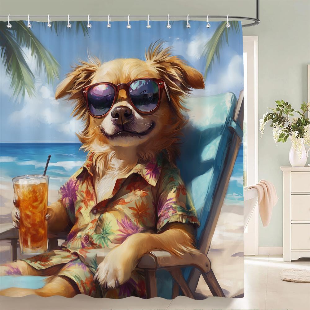 Funny and Creative Beach Cats and Dogs Fabric Shower Curtain Waterproof Polyester Bath Curtains for Bathroom Decorate with Hooks