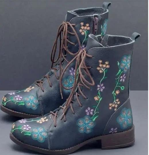 Fashion Woman Ankle Boots Embroidery Big Size 43 Flower Boots 2025 Women Autumn Winter Lace Up PU Leather Female Footwear Ladies Shoes
