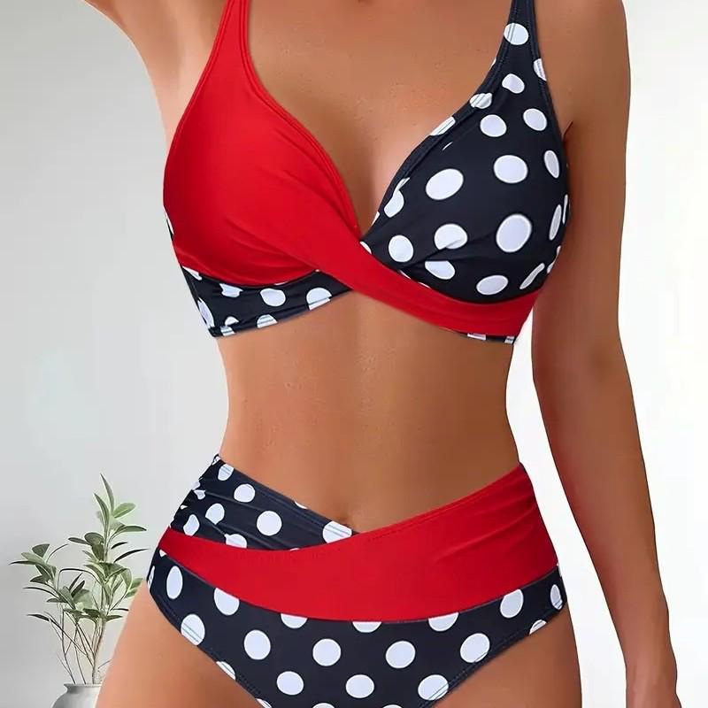 

2025 New Cross-Backless Color Block Polka Dot Bikini Set for Women Medium