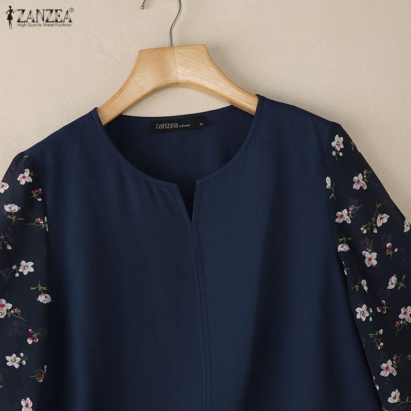ZANZEA Women Casual Round Neck Loose Floral Splice Short Sleeve Blouse