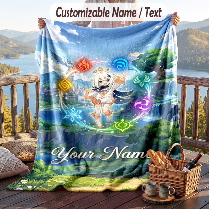 Custom Text Flannel Throw Blanket, Lightweight Cozy Bed Sofa BlanketGenshin Impact