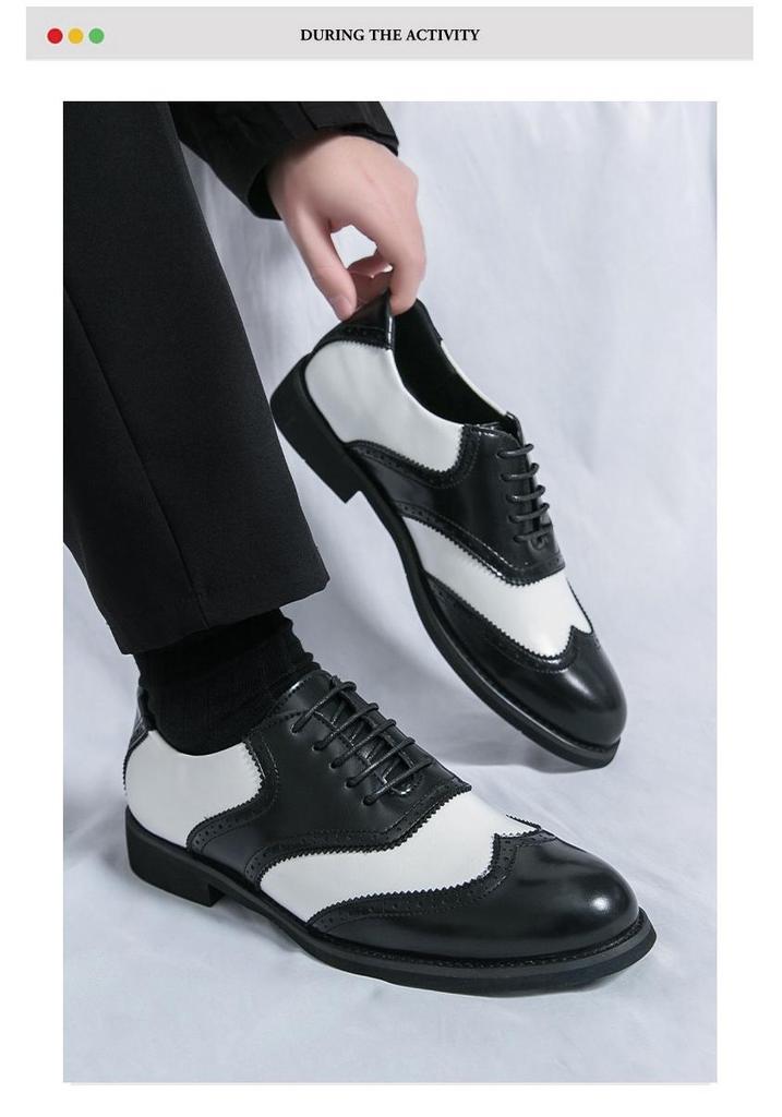 Men's Formal Black & White Brogue Leather Derby Shoes - Spring/Autumn Large Size Wedding Footwear