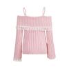 Women Off Shoulder Knit Sweater Pink Pullover Sweet Pullovers Long Sleeve Bow Lace Patchwork Jumpers Y2k Streetwear