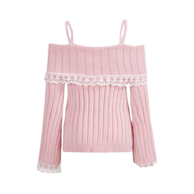 Women Off Shoulder Knit Sweater Pink Pullover Sweet Pullovers Long Sleeve Bow Lace Patchwork Jumpers Y2k Streetwear