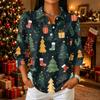 Casual Damesblouse met Kerstprint, Knoopsluiting, Driekwartmouwen en Kraag voor Feestdagen