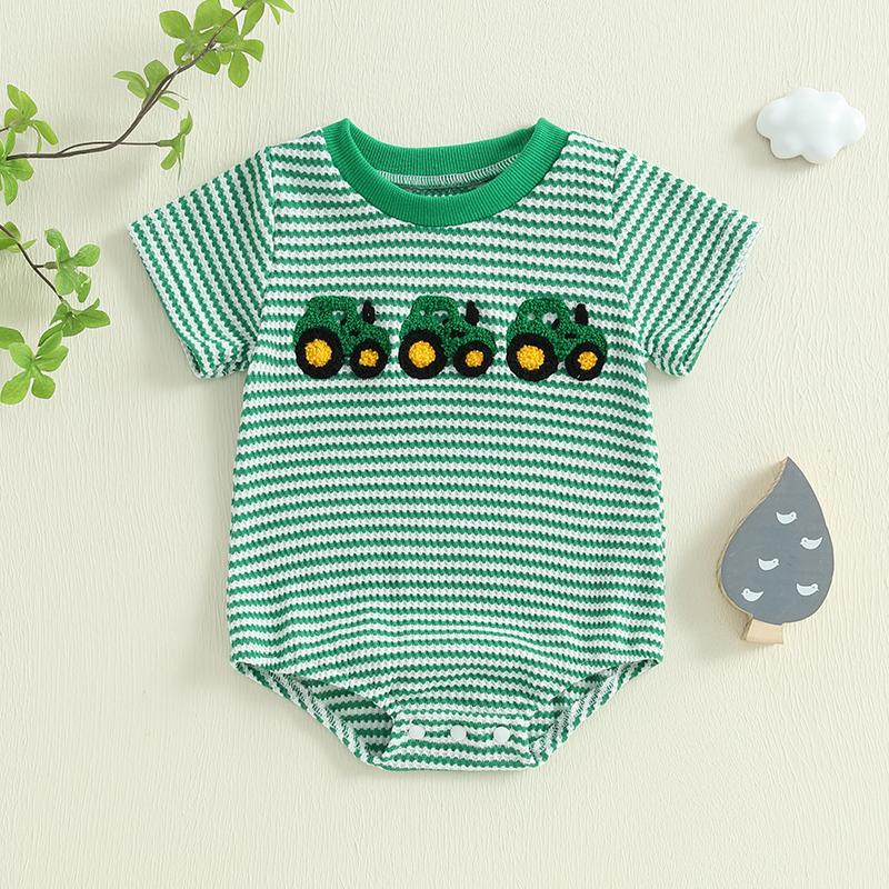 

Newborn Baby Romper Summer Crewneck Romper Clothing Waffle Truck Embroidery Stripe Jumpsuits Toddler Infant Boys Girl 0-3M