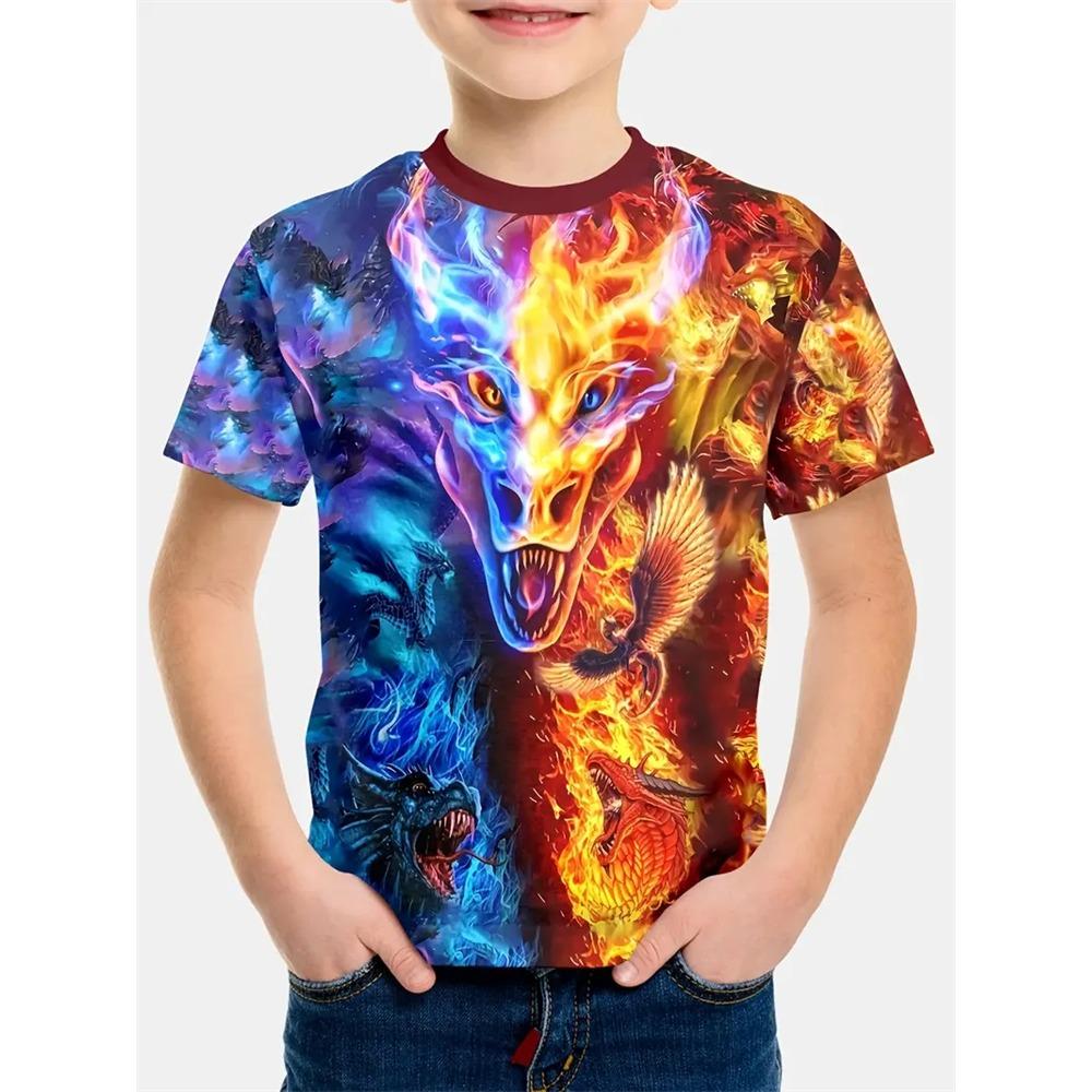 Boys' Summer Crew Neck Kids' Versatile Comfortable T-Shirt with Cool Dragon Pattern Short Sleeve Top