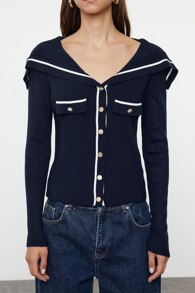 Women's Fashion Stylish Cardigan Pink Color Block Turn-down Collar Knitwear Cardigan