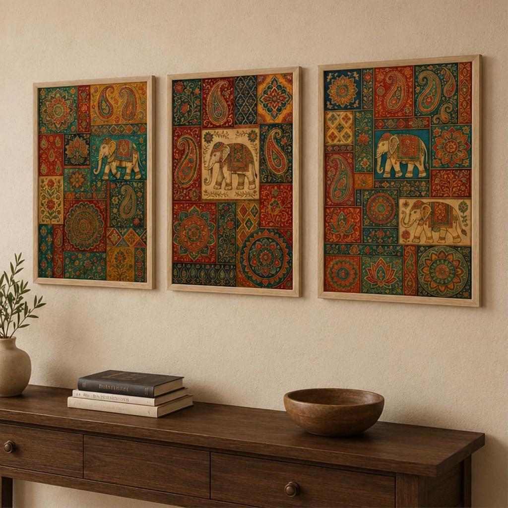 Livin'luxe Set of 3 Rajasthani Elephant Patchwork Wall Paintings for Living Room Bedroom Home Decor with Premium Wooden Color Synthetic Frame