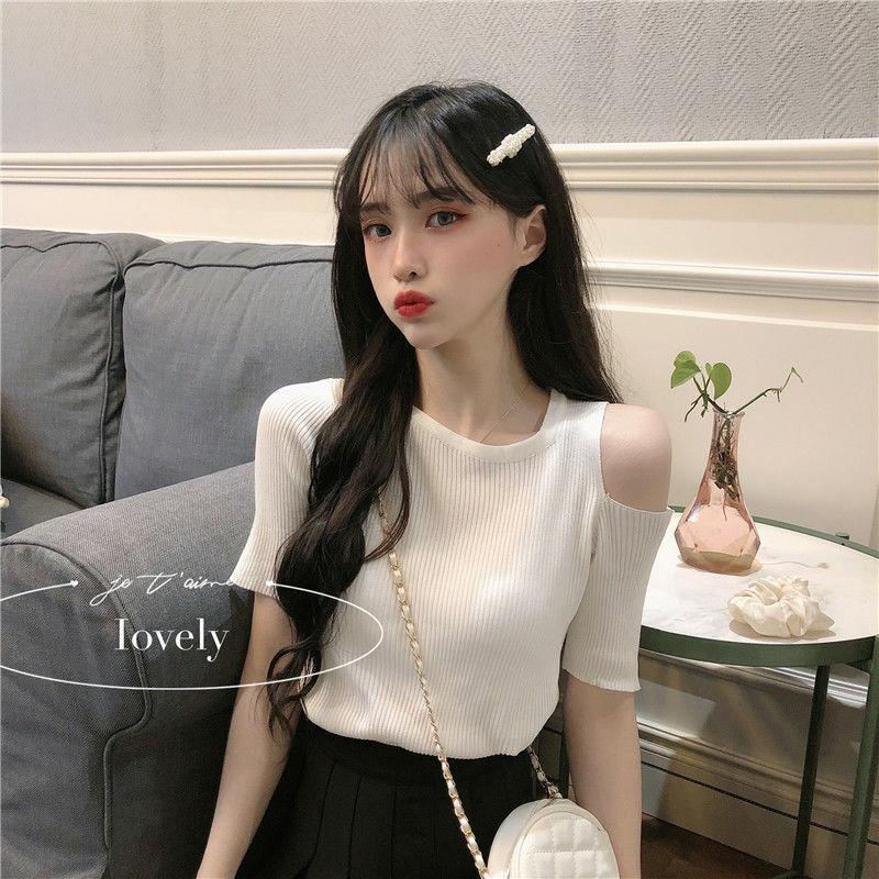 

Summer Korean Thin Knitted Sweater Women s Short Sleeved Round Neck Slim Fit Base Shirt Off Shoulder Top Trendy S