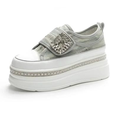 6CM Denim Diamond Platform Wedge Genuine Leather Casual Spring Summer Autumn Comfy High Brand Chunky Sneakers Hidden Heels Shoes