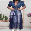 2025 Plus Size Women's Blue Denim Patchwork Mesh Cardigan Dress Skirt - European & American Style, Long & Stylish for Commuting