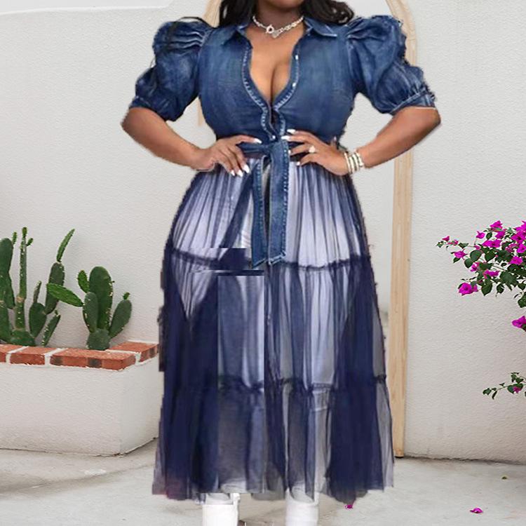 2025 Plus Size Women's Blue Denim Patchwork Mesh Cardigan Dress Skirt - European & American Style, Long & Stylish for Commuting
