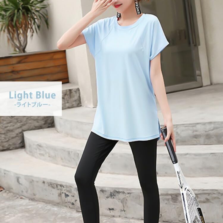 DAYCLOSET Yoga Yoga Short Long Loose Yoga125 Light Women's Top, T-Shirt, Sleeve, Flattering, Quick-Drying, Lightweight, Length, Stretchy, Fit, (2XL,