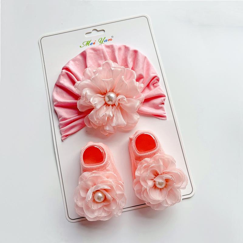 Flower Baby Turban Cap Socks Set Lace Bowknot Newborn Indian Hat Solid Cotton Kids Boat Sock Children Headwear Hair Accessories