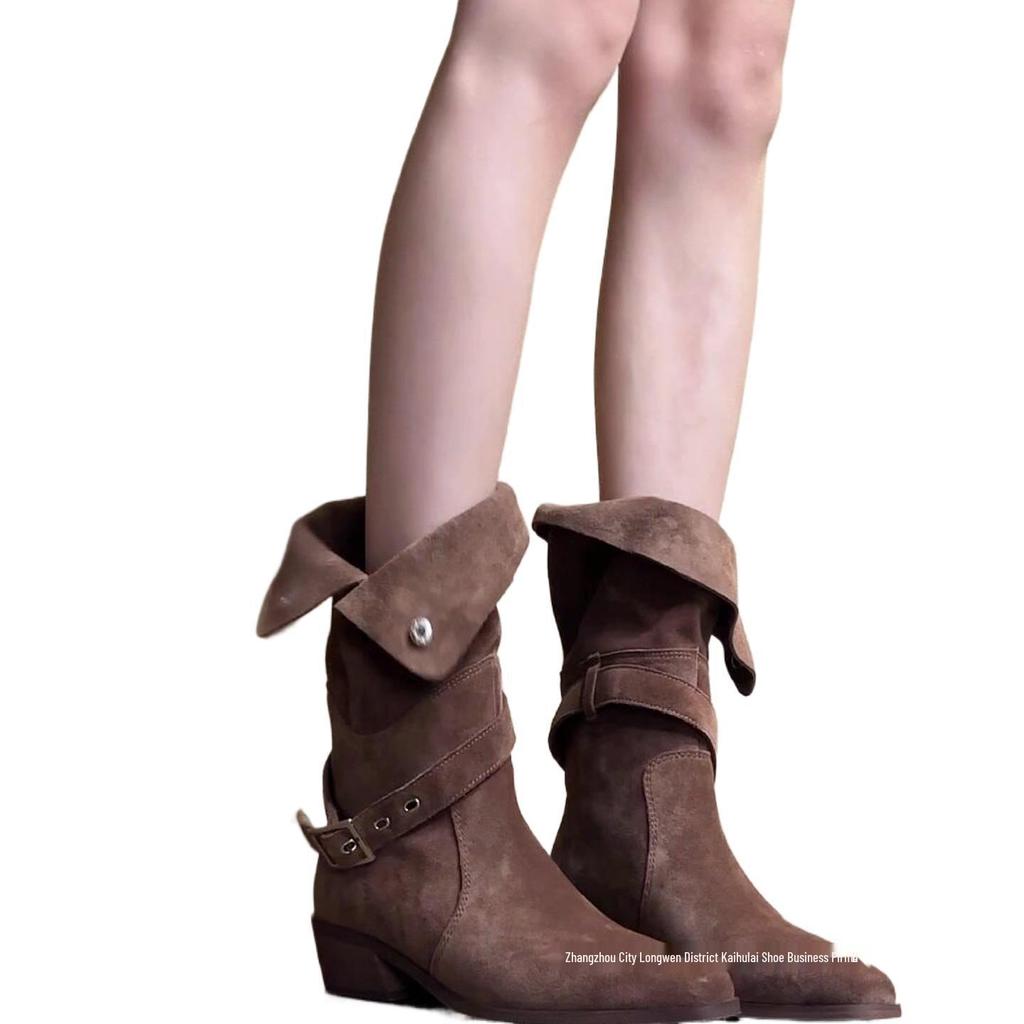 Women's Retro Suede Pointed Toe Knight Boots with Buckle, Chunky Heel, and Two-Wear Western Style