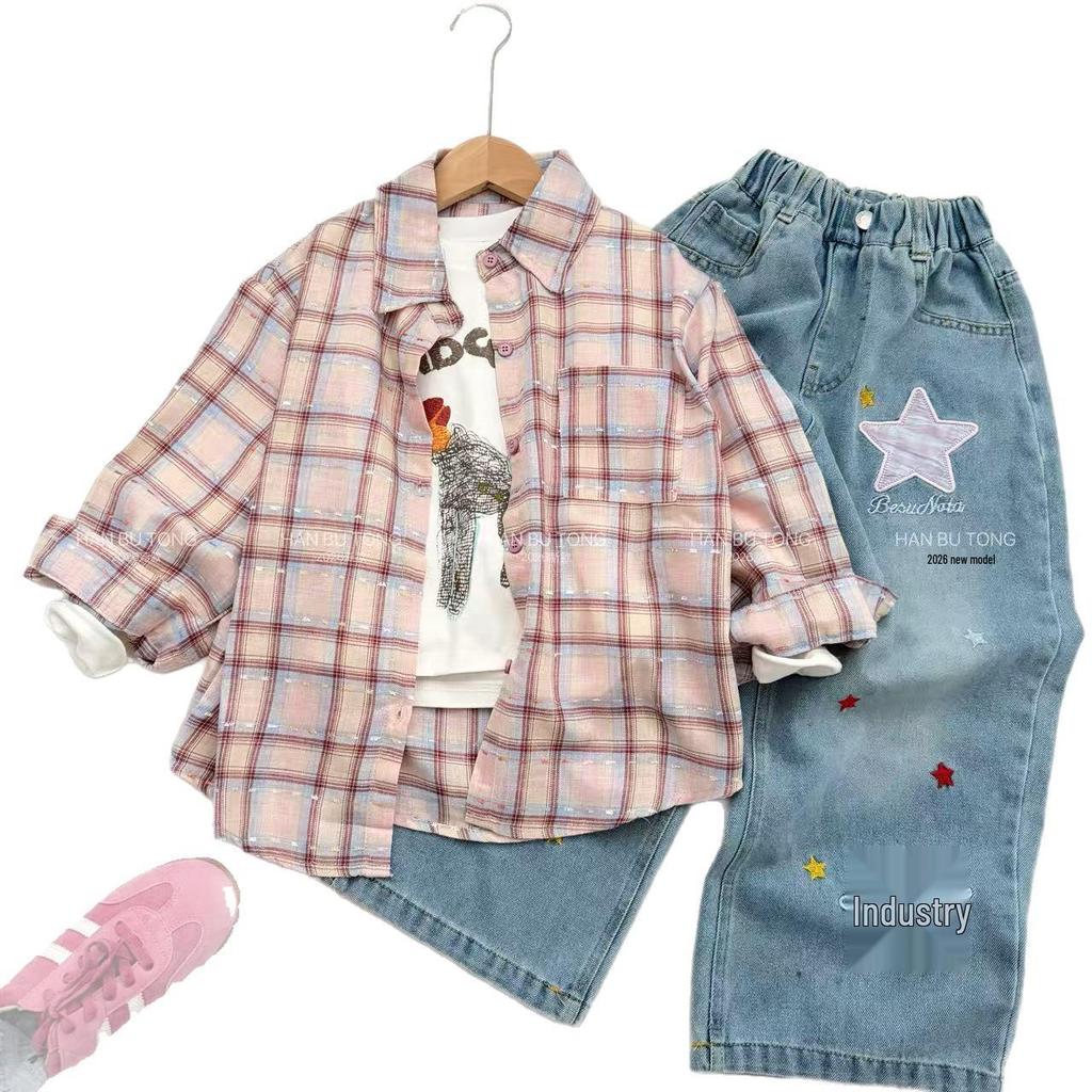 Girls' Plaid Shirt & Star Jeans Set - Stylish Korean Spring/Autumn Wear 2026