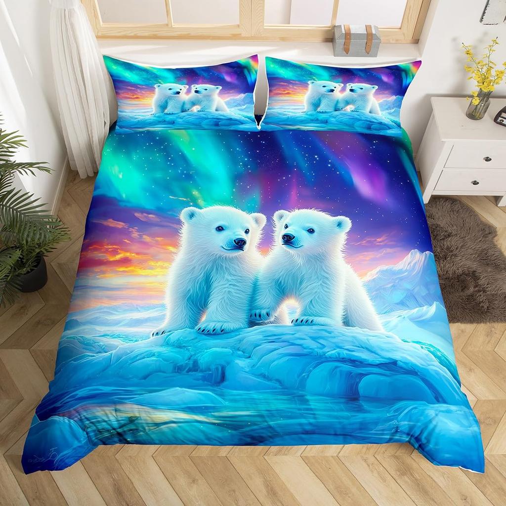 Cute Animal Duvet Cover Set Twin Queen Rabbit Fox Rustic Bedding Set, Starry Sky Galaxy Northern Lights Dreamy Comforter Cover
