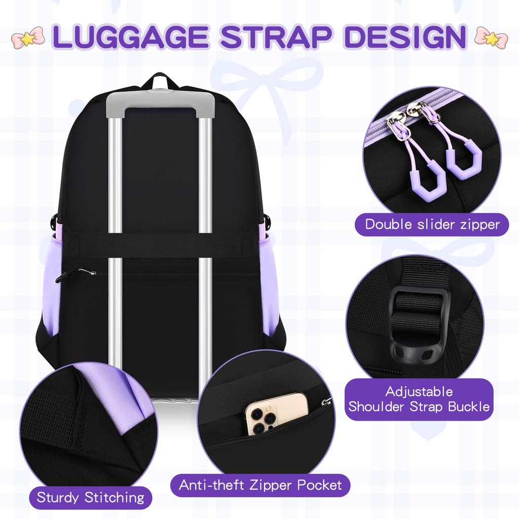 Purple Three-Piece Schoolbag For Female Junior High School Students, Large-Capacity Backpack, Lightweight Burden-Reducing Student Backpack