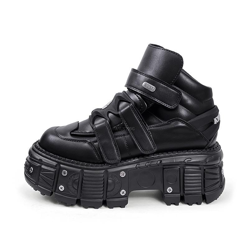 Nya Punkstil Dam Skor Gotiska Ankel Rock Stövlar Snörning Klackhöjd 9CM Platåskor Kvinna Metalldekor Kvinna Sneakers