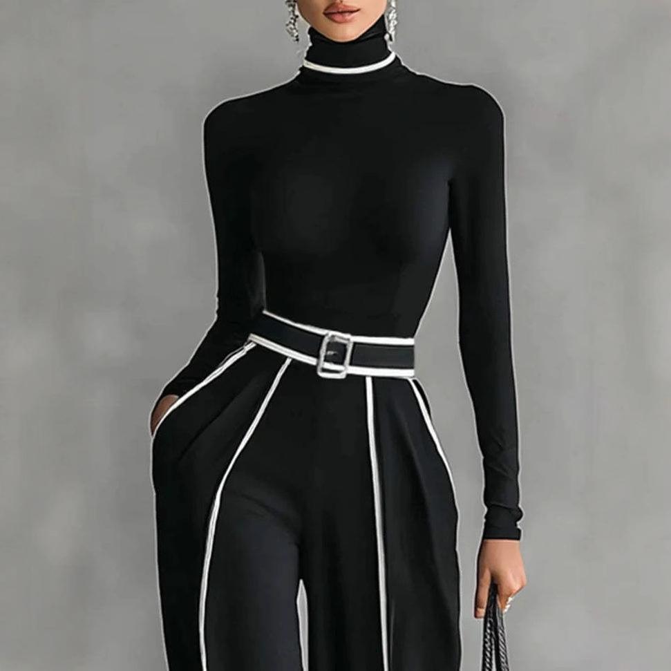 Completo Top a Collo Alto a Manica Lunga con Pantaloni a Gamba Larga Striscia Laterale Cintura Regolabile