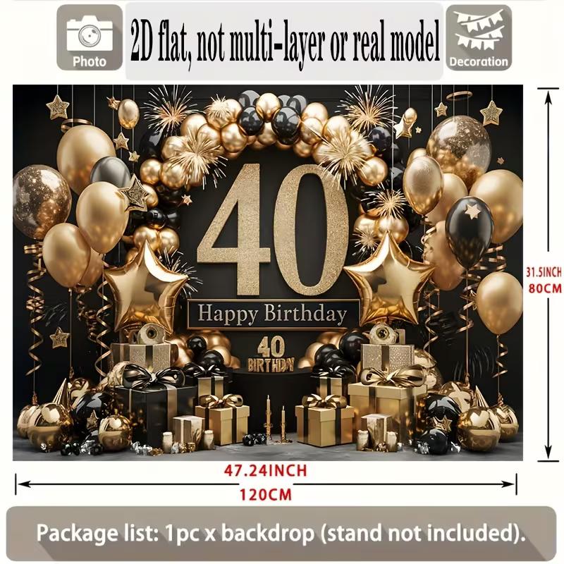 2D 40th Birthday Backdrop Black Gold Glitter - 40 Years Old Party Photography Background