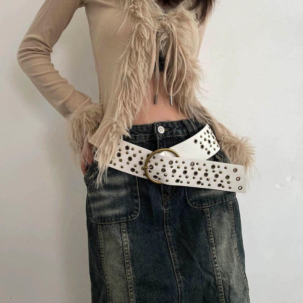 Rivet Cowgirl Belt Y2K PU Leather Belt Retro Wide Waistband  Dress