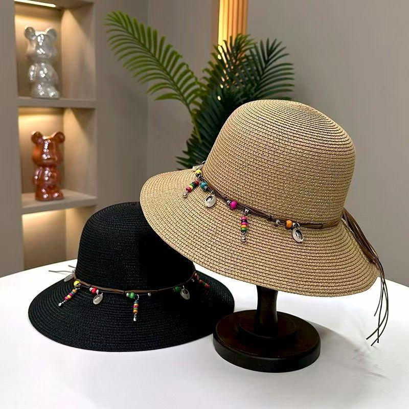 Ethnic style bead decoration big brim straw hat women outdoor vacation sunshade bucket hat foldable sunscreen sun hat