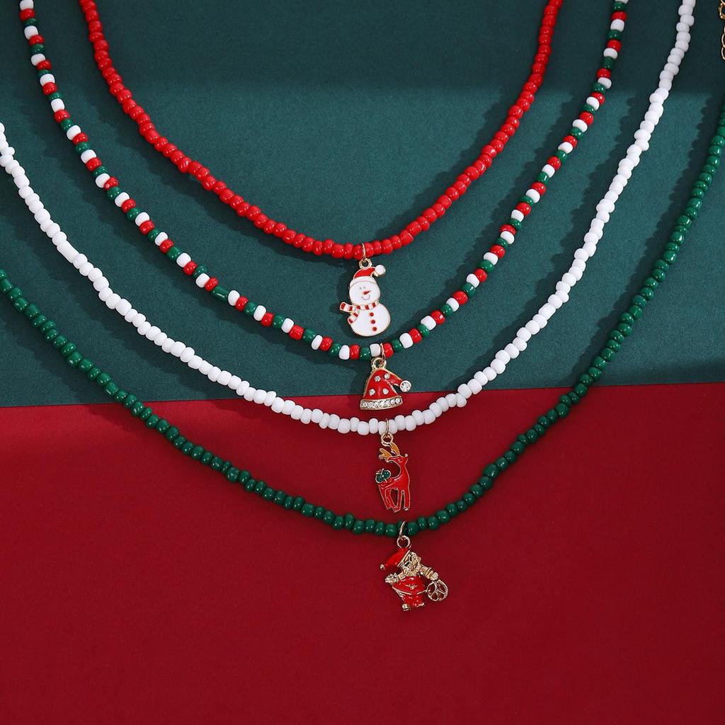 New Creative Christmas Set: Santa Claus Cane, Christmas Hat, Snowman Beaded Necklace
