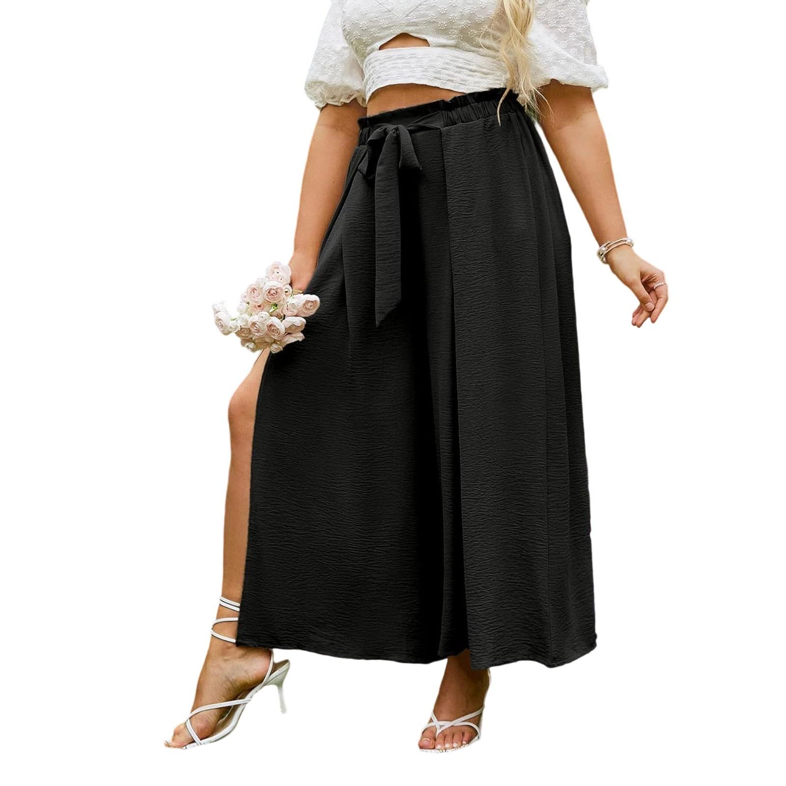 

Плиссированные брюки с широкими штанинами для женщин, с завязкой спереди, высокой талией, разрезами по бокам, струящиеся, с широкими штанинами, плиссированные, струящиеся брюки с поясом XXL темно-синий