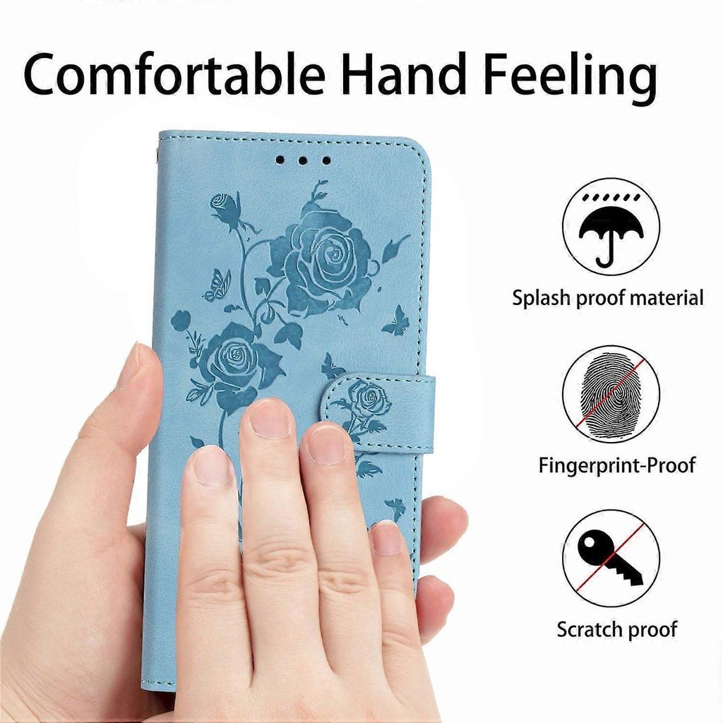 For iPhone 16e Wallet Case Rose Pattern Imprinted Leather Flip Stand Phone Cover - Sky Blue