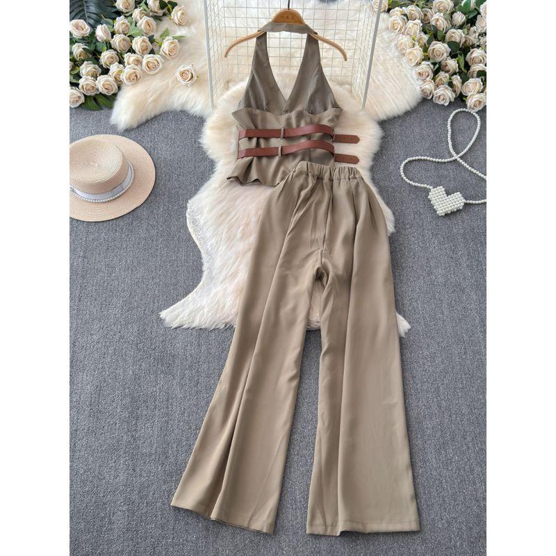 Stylish Niche Style Young Wind Buckle Waist Halter Backless Sling Tops + High Waist Slimming and Wide Leg Two-piece Set