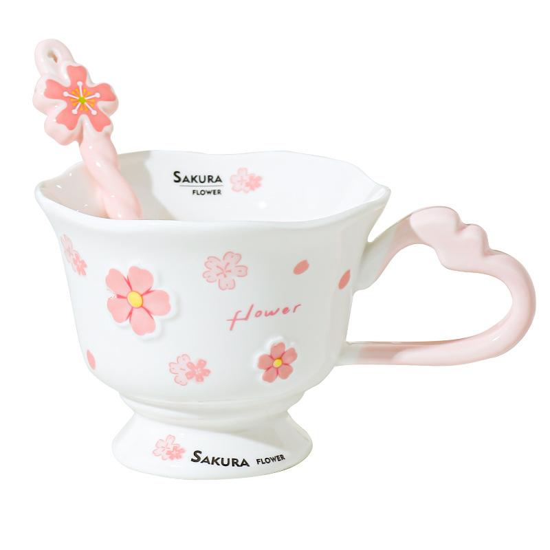 High Looking Cherry Blossom Goblet Souvenir Ceramic Girl Office Drinking Water Cup Breakfast Cup Elegant Cup