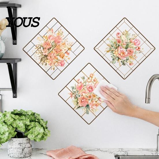 Waterproof Wall Stickers 3 Sheets Spring Flower Sticker, Square Grid Floral Plants Decoration, Peel Stick Art Removable Decal for Home Office