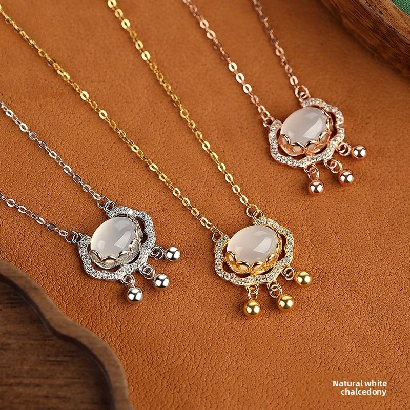 S925 Sterling Silver with Diamonds, Chalcedony White Safety Lock Necklace, Simple Classic Elements, National Style Design Collarbone Chain