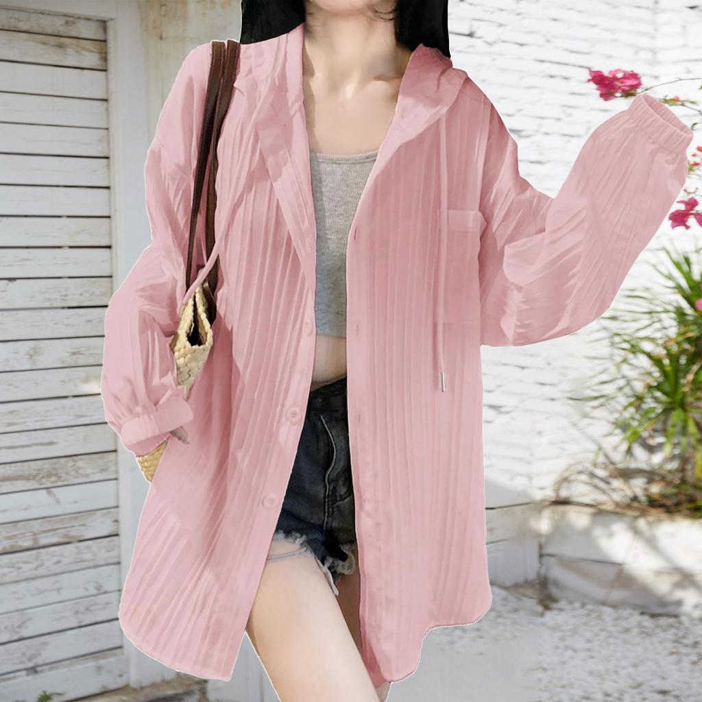 Dámské košile s ochranou proti slunci Podzimní nadměrné volné jednobarevné kardigany s kapucí se stahovací šňůrkou Dámská halenka s minimalistickou pruhovanou texturou